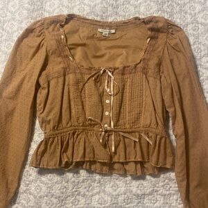 100% Cotton Mustard Yellow Beige Cottage core American Eagle Blouse Shirt